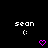 Pixelated text 'sean' above a colon emoticon with two pink heart icons below on black background.