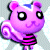 Pixelated purple animal with large black eyes, pink inner ears, and a striped tail, standing against a light gray background.