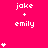 A bright pink background displays repeated 'jake + emily' text with white heart symbols that increase in quantity from one to five vertically across three