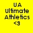 Yellow background with blue horizontal bars shifting across text reading UA Ultimate Athletics <3 in pixelated font.