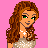 Pixel art of a woman with long brown hair, green eyes, and orange skin wearing a white polka-dot dress and black platform shoes against a pink background.