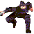 Pixelated figure in dynamic martial arts pose wearing dark green and purple outfit with glowing light on chest, arms extended left and right.