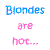 Pixelated text-based animation comparing blondes and brunettes with color-coded words on a white background, partially cropped at the bottom right.