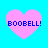 Four pink heart shapes on a cyan background, each containing blue pixelated text reading BOOBELL! with slight variations in heart shape and text alignment.