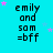 Cyan background with repeated text 'emily and sam =bff' in black pixelated font, scattered pink and light purple stars, and a gray rectangle in bottom-right corner.