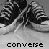 Black-and-white image of a shoe with striped laces, repeated in a pattern with text variations below each instance