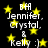 Black background with yellow stars and white text reading "BFF Jennifer, Crystal, & Kelly :)" in a pixelated style.