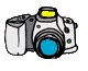 Four pixelated camera icons arranged in a on a gray background, each with white, gray, blue, and yellow elements