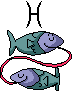 Two cartoon fish connected by a red loop, with a Pisces symbol above them, displayed in three variations showing different fish orientations.