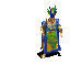 Pixelated character in blue and green attire with feathered headdress performing sequential actions with a staff against gray background.