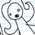 Pixelated stick figure drawing of a character with large circular eyes, one eye closed as if winking, and a small mouth on lined notebook paper background.