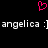 A static pixel art image with a black background, featuring a pink heart symbol above white text reading 'angelica :] angelica :]' in a retro digital font.