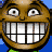 Pixelated face with brown skin, wide eyes, and a large grin showing white teeth behind black bars.