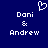 Pixelated blue background with white text 'Dori & Andrew' and a heart symbol above the names.