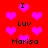 Red background with pink heart shapes and black text reading 'I', 'Luv', and 'Marisa' in pixelated font.