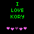 Green pixelated text "I LOVE KORY" on black background with pink and purple heart icons below, showing heart position changes