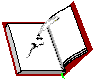Open book with red cover and black pages, white pen with yellow tip, green cursor dot, gray background.
