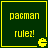 Four identical green square with yellow borders display "pacman rulez!" text and a Pac-Man icon, arranged in a
