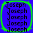 Four identical blue squares with green borders each contain five stacked 'Joseph' text lines in black font on a solid background.