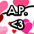 Pixelated icon with pink and red hearts, black text 'A.P.', a black arrow pointing left with white number '3', and scattered heart shapes on white background.