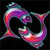 Pixelated static icon of two overlapping curved shapes in purple, pink, and teal hues against a black background with visible dithering and anti-aliasing artifacts.