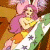 A pixelated cartoon character with pink hair and a large bow lies on a bed next to green text reading "Original Icons .com" on a dark background.