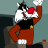 Pixelated cartoon character with black and white face, red nose, orange limbs, and black torso in a raised-arm pose against teal background.