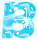 Animated blue letter B with white outline and internal cutouts, featuring pixelated water-like texture and scattered white plus signs on gray background.