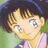A 48x48 pixel buddy icon featuring a split composition with an anime-style character on the left and text elements on the right against a black background.