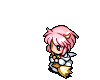 Pixel art character with pink hair and white wings holding a golden broom, shown in multiple poses against gray background.