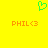 Green pixelated heart symbol above two orange 'PHIL<3' text strings on solid yellow background.
