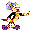 Pixelated character with multicolored hair and clothing performs three distinct poses on white background.