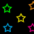 Five pixelated star icons in green, orange, yellow, blue, and magenta arranged on a black background.