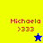 Yellow and blue pixelated background with red text 'Michaela' and '>333', a blue star on yellow, and a yellow star on blue.