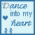 25 identical light blue square icons with 'Dance into my Heart' text, a small heart symbol, and dancing figures at the bottom