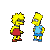 Pixelated cartoon characters in yellow hair and blue/red clothing perform various poses against a gray background.