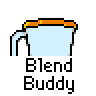 Animated contact sheet of a pixel art blender icon with multiple frames showing blending states and control panel changes, labeled "Blend Buddy" under each frame.