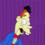 Pixelated character with light skin, red hair, and blue clothing against purple background, head tilted right, mouth open, one eye visible.