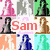 24 pixelated character icons in various colors with overlaid red text reading "Sam loves the Jonas Bros"