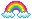 Pixelated rainbow arch over cloud shapes on white background with gray borders.