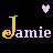 Pixelated buddy icon with alternating yellow and purple text "Jamie" flanked by two pixel hearts on black background