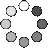 A grayscale of circular pixels arranged in a scattered pattern with varying shades from white to dark gray on a light gray background
