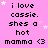 A static image with a pink background displays repeated text "i love cassie. shes a hot mamma <3" in black pixelated font, interspersed with white star shapes.