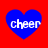 Four blue heart shapes on a red background, each containing the word 'cheer' in white pixelated text.