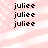 Pixelated text 'juliee' repeated in a on a pink and white striped background with scattered white dots