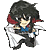 Pixelated anime-style character with black hair, red collar, blue shirt, and white cape in dynamic pose against gray background.