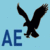 Black eagle silhouette with outstretched wings above blue 'AE' text on light blue background.