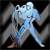 Pixelated static icon of a light blue humanoid figure with gray wings and brown feet against black background, appearing to float or stand in dynamic pose.
