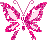Two pink and white pixelated butterflies with curled antennae on a gray background, side-by-side in static display.