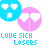 identical pixelated icons featuring a blue shape with three white hearts and a pink circle containing two white heart shapes, each labeled "LOVE SICK LOSERS" in cyan text